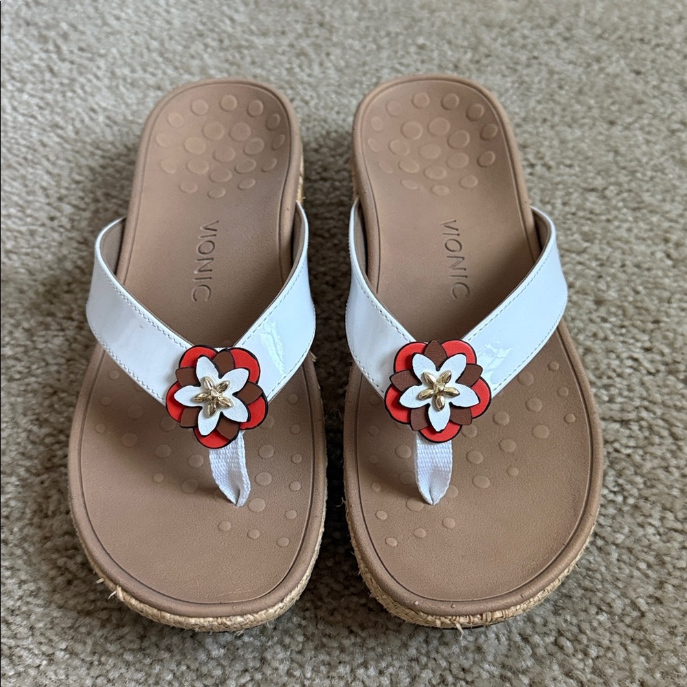 Vionic White Sandals with Red Floral Detail